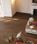 Living room with Brown Chestnut Wood Peel And Stick Floor Tiles That Look Real Waterproof Vinyl Planks 6 By 36 Inches