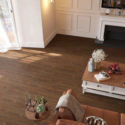 Living room with Brown Chestnut Wood Peel And Stick Floor Tiles That Look Real Waterproof Vinyl Planks 6 By 36 Inches