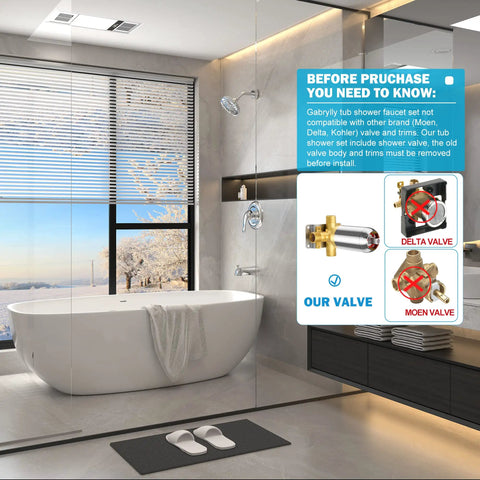 Bathroom interior with tub and shower, featuring Tub And Shower Faucet Kit With 9-Setting Rain Shower Head In Chrome Finish display guide