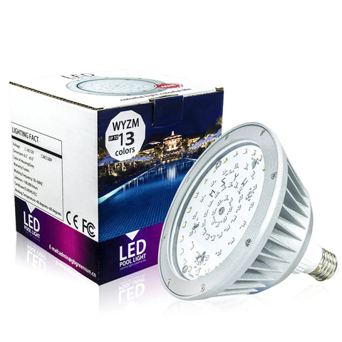 Waterproof 12V RGBW LED Pool Light Bulb For Inground Pools Dope Color Changing With Universal 12V Compatibility E26 And E27 Replacement Fits Most Pool Light Fixtures next to packaging