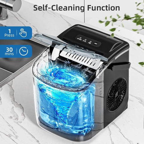 Portable Countertop Ice Maker With Carry Handle For Home Office And Parties, Produces About 26 Lbs Of Ice Per Day, shown in self-cleaning mode