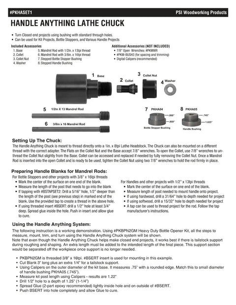 Handle Anything Chuck System for Woodturning Projects Kit With Collet Chuck Base PKHA01 components and accessories displayed.