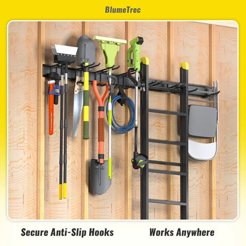 Heavy Duty Wall Mounted Tool Organizer For Garage, 48 Inch Metal Rack With 3 Rails And 6 Adjustable Hooks holding tools