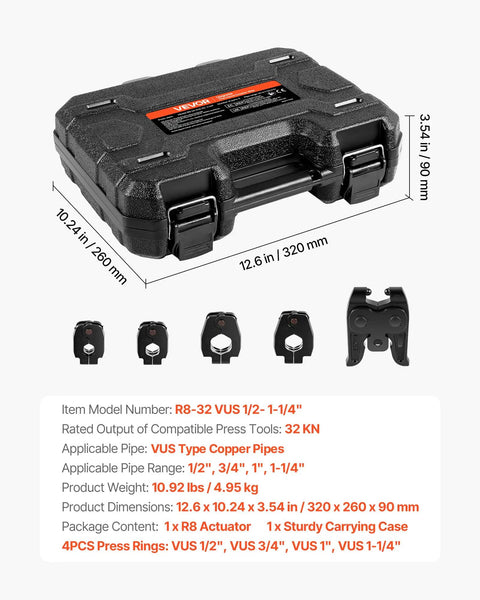 ProPress 5-Piece Pressing Kit with case and 1/2, 3/4, 1, 1-1/4 inch rings, R8 actuator for copper piping, 32KN compatible