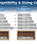 Compatibility and sizing guide for undermount drawer slide jig, showing inset and overlay front options with drawer dimensions.