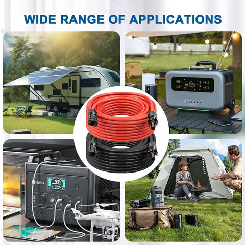 10AWG Solar Extension Cable 5 Ft 2 Pack Red And Black PV Wire With Solar Connectors, 84-Strand Tinned Copper, applications shown