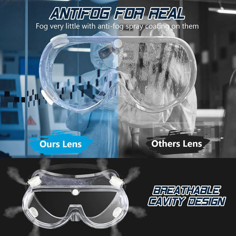 Anti-Fog Safety Goggles For Lab Use With ANSI Z87.1 Rating, showing comparison of foggy and clear lenses with adjustable fit design
