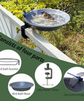 No Bull Fully Adjustable Deck Mounted Birdbath With Secure Grip Rail Clamps, gray metal bowl with bird, adjustable clamp detail.