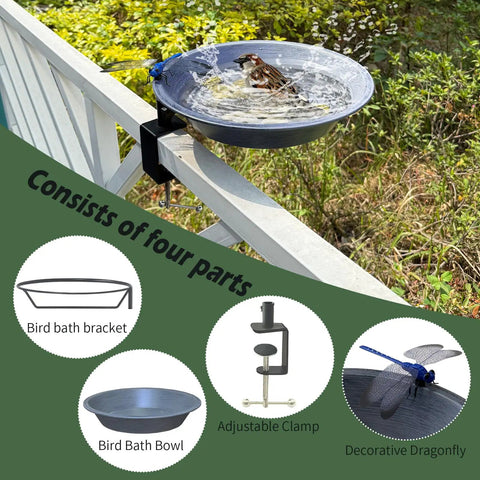 No Bull Fully Adjustable Deck Mounted Birdbath With Secure Grip Rail Clamps, gray metal bowl with bird, adjustable clamp detail.