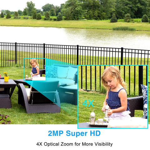 WiFi Outdoor Security Camera 1080P With 2.4GHz And 5GHz, 4X Optical Zoom showing child playing in garden for enhanced visibility