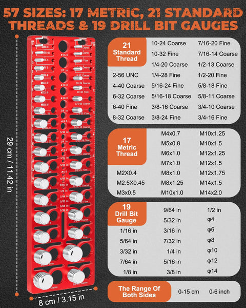 Front view of a red 57-piece wall-mount nut-and-bolt thread checker with 21 standard, 17 metric gauges and 19 drill-bit gauges.
