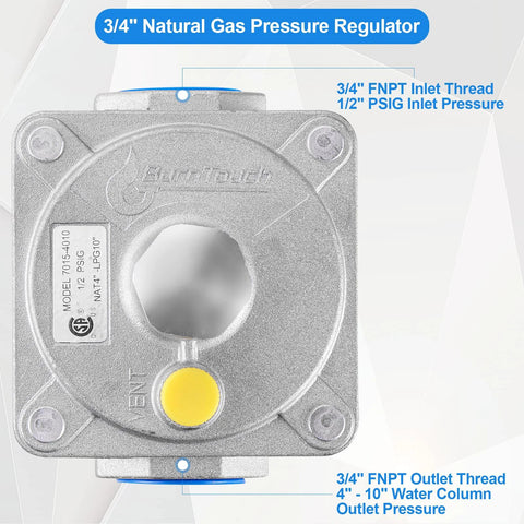 Front view of Catilon natural gas pressure regulator, metallic gray, 3/4 FNPT inlet, 1/2 PSIG, 4-10 in WC outlet