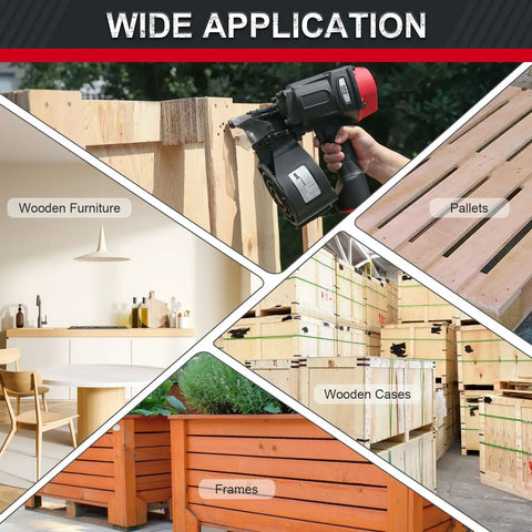 Pro Grade Pneumatic Coil Pallet Nailer shooting nails into wooden pallets for frames and furniture projects.