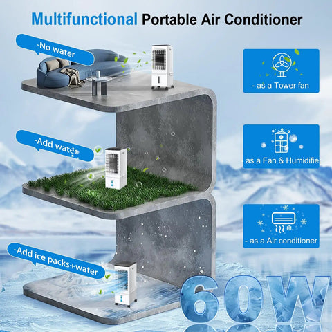 Portable Evaporative Cooler With Remote And Timer 60W Quiet 4 In 1 Swamp Cooler showing multifunctional uses and 60W power