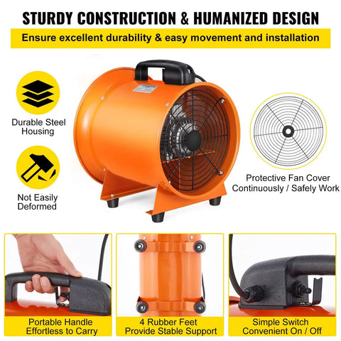 High Velocity Portable Axial Blower with 16 Ft Duct Hose, 12 Inch Fan, 585W Motor, steel frame, orange color, product features