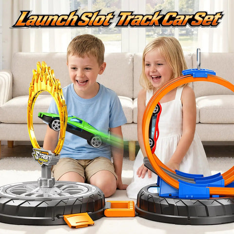 Children playing with Rad Epic 360 Degree Loop Race Car Track Set With Fire Ring Stunt Includes Four One To Sixty Four Scale Cars A Kid Friendly Gift For Boys And Girls Ages Three To Eight.