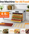 Top Shelf Massive Eight Tray Food Dehydrator Machine With Removable Stainless Steel Trays displaying 4.9 ft² drying space with various foods.