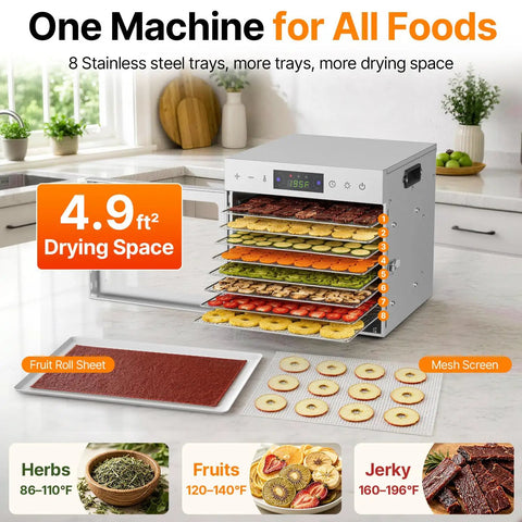 Top Shelf Massive Eight Tray Food Dehydrator Machine With Removable Stainless Steel Trays displaying 4.9 ft² drying space with various foods.