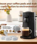Reusable VertuoLine Capsules Kit, 200 Pack Refillable Aluminum Covers With Foil Seals, displayed with VertuoPlus machine.
