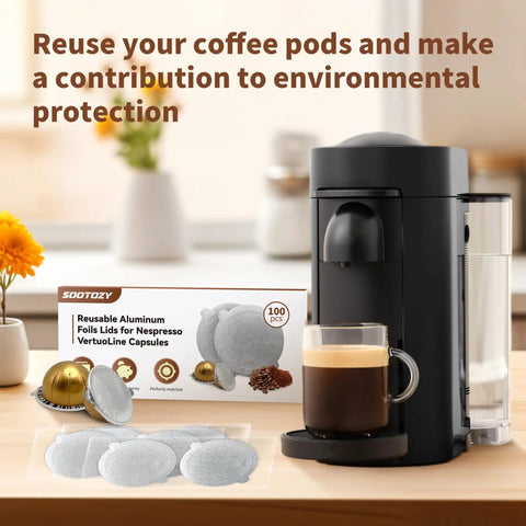 Reusable VertuoLine Capsules Kit, 200 Pack Refillable Aluminum Covers With Foil Seals, displayed with VertuoPlus machine.