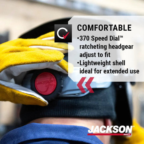 Close-up of adjustable ratchet headgear on Auto Darkening Welding Helmet With Durable Protective Face Shield, Focus on red dial