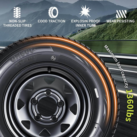 Close-up view of Two Pack Trailer Tire On Rim ST175 80D13 with 13 inch rims and five lug pattern, highlighting features and load capacity.