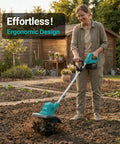 Person using Cordless Brushless Garden Tiller Cultivator No Cord Hassle 10-Inch Wide 7-Inch Deep Electric Soil Rototiller in garden