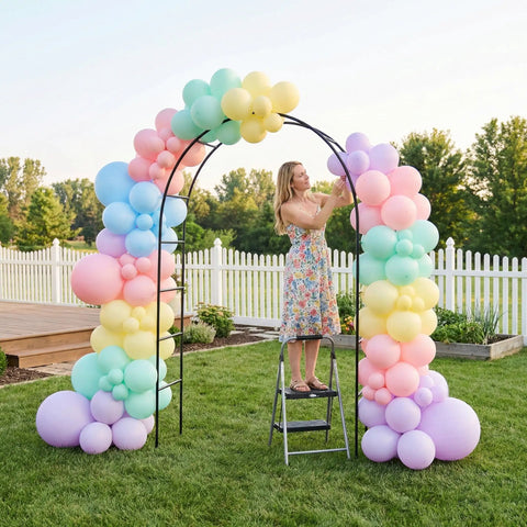 Iron Pergola Garden Arbor For Weddings And Backyards, 7.9 Feet High By 4.6 Feet Wide, decorated with colorful balloons