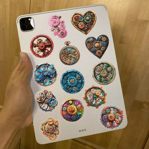 Dope Steampunk Gear Sticker Set 50pc For Journaling And Scrapbooking, Vintage Clockwork Gears And Resin Elements on tablet