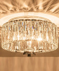 Lit 13 Inch Chrome Flush Mount Crystal Ceiling Light With 3 K9 Crystals Modern Chandelier for living room, illuminated view