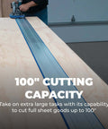 Kreg KMA3700 Accu-Cut XL track saw guide system on a plywood sheet; blue aluminum guide track and a person cutting.