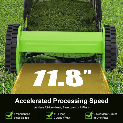 Push Reel Lawn Mower With Five Steel Blades, Walk-Behind Manual Grass Cutter, 11.8 Inch Cutting Width, Adjustable Height From 0.47 To 1.77 Inches, Removable Grass Bag For Easy Yard And Garden Cleanup. 11.8-inch cut