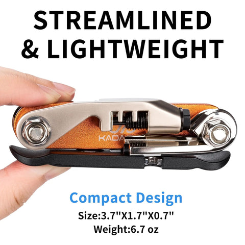 Portable Bicycle Repair Multi Tool With Chain Tool Torx Hex And Screwdriver For Road And Mountain Bikes Lightweight Compact On The Go Emergency Maintenance Kit In Bright Orange, shown in hand for scale.