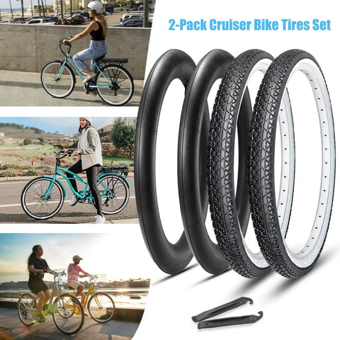 2 Pack Cruiser Bike Tire Set With Folding 26x2.125 Inch Tires Inner Tubes And Tire Levers Replacement Kit For Beach Cruiser Bicycle White Wall