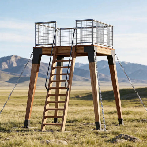 Four Piece Trail Tough Heavy Duty Steel Deer Stand Brackets For 4x4 Posts Rock Solid Hunting Setup Reinforced Bearing Supports Heavy Load Capacity Camp Accessories mounted on an elevated wooden platform.