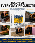 Workhorse Heavy Duty 3/8 T50 Staples For Staple Guns on a box with tools used for upholstery, roofing felt, and insulation.