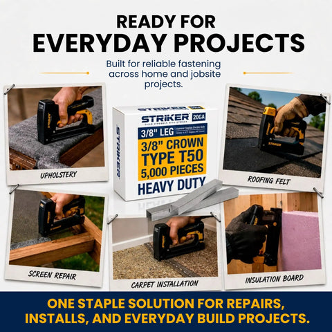 Workhorse Heavy Duty 3/8 T50 Staples For Staple Guns on a box with tools used for upholstery, roofing felt, and insulation.