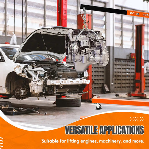 Heavy Duty Folding Hydraulic Engine Hoist Featuring Smooth Pump Operation And Knockout Lifting Capacity For Any Home Garage Shop Rig lifting an engine.