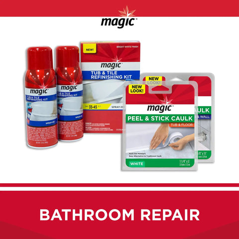 Image showing Magic brand bathroom repair products including tub and tile refinishing kits and peel and stick caulk.