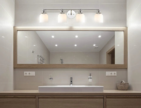 Dope Chrome Modern Farmhouse LED Vanity Light Wall Sconce with Frosted White Glass Shade above bathroom mirror