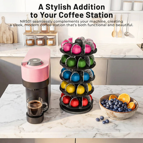 40 Pod Vertuo Capsule Carousel Organizer For Coffee Pods, Rotating Countertop Display in a stylish kitchen setting