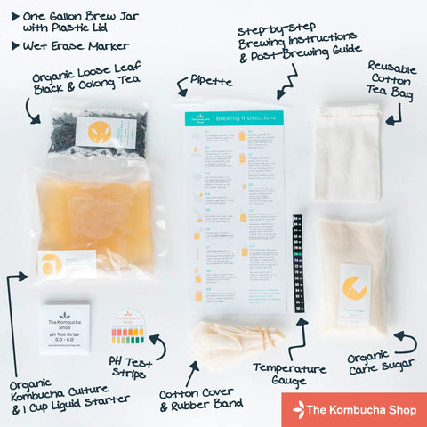 Organic 1 Gallon Kombucha Starter Kit With SCOBY Fermentation Jar Tea And Sugar Bottling Essentials And Clear At Home Brewing Instructions For Beginners To Kickstart Your Brew Like A Pro items displayed.