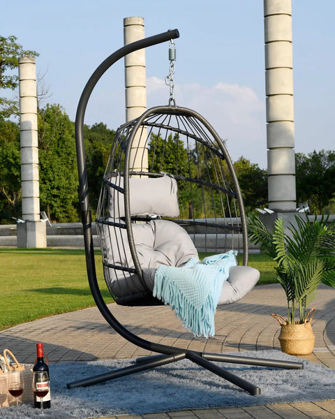 Egg Swing Chair With Stand For Outdoor Or Indoor Use, Hanging Chair With Cushioned Seat And Headrest In Light Gray