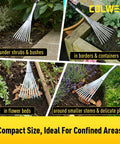 Hand Rake 16.5 Inches For Tight Spots And Flower Beds With 9 Flat Tines, shown in various garden settings.