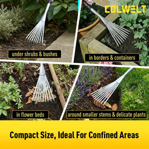 Hand Rake 16.5 Inches For Tight Spots And Flower Beds With 9 Flat Tines, shown in various garden settings.
