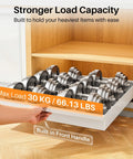 Make Kitchen Storage A Cinch With This Expandable Pull Out Organizer Featuring Full Extension Roll Out Slides And Raised Pads For Framed Units Organize Pots Slick And No Sweat showing heavy weights on a metal slide out drawer.