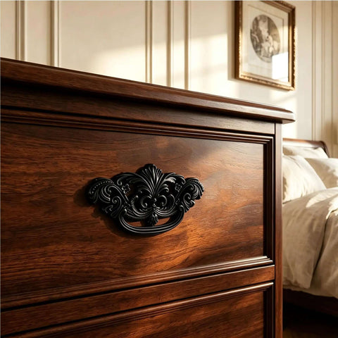 Dark wooden dresser with ornate drawer pull, showcasing 4 Pack 3 Inch Vintage Antique Brass Drawer Pulls With Dark Bronze Finish, Dope Premium Cabinet Handles For Dresser Cupboard And Furniture Restoration, Rust Resistant Zinc Alloy, 75mm Center To Center.