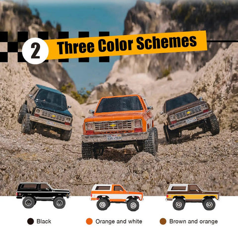 Three RC Crawlers in different color schemes on rocky terrain, Two In One 1/24 Scale RC Crawler Chevy K5 Blazer Licensed Off Road 4x4