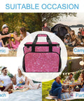 Collage of picnic, camping, beach, and party scenes with Sparkling Pink Glitter Insulated Picnic Backpack Tote Bag 30L in the center
