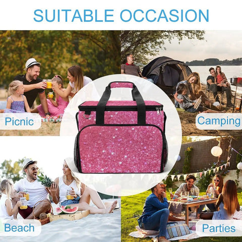Collage of picnic, camping, beach, and party scenes with Sparkling Pink Glitter Insulated Picnic Backpack Tote Bag 30L in the center